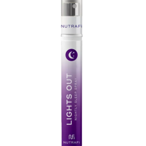 Slim, purple bottle labeled "Lights Out" with a crescent moon design, containing a nightly sleep spray by NutraFi. Silver cap. Dietary supplement.