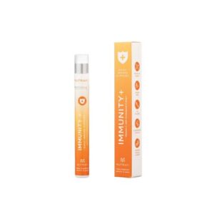 A small, orange bottle labeled "Immunity+" next to its packaging, highlighting immune support benefits. The packaging features white text and icons.